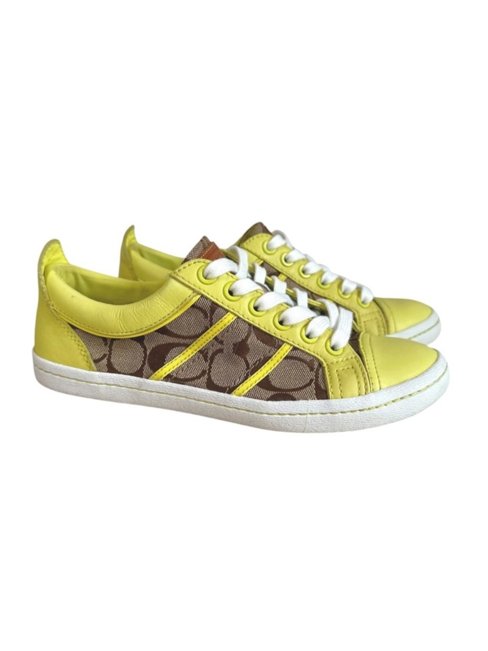 Coach Alivia Sneakers Womens 7 Yellow Brown Signature Monogram Canvas Q1788
